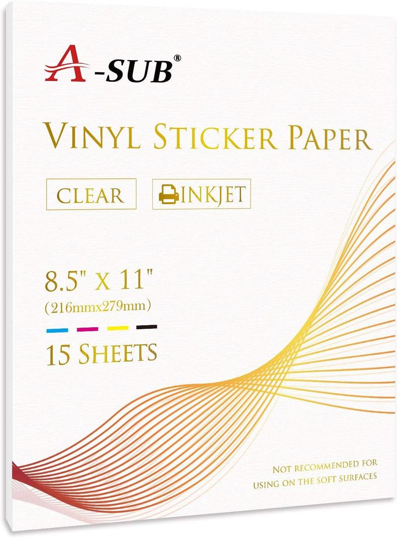 A-SUB Clear Sticker Paper for Inkjet Printers - Waterproof Translucent Printable Vinyl Sticker Paper - 15 Sheets 8.5x11 Inch Glossy Clear Label Paper for Custom Decals