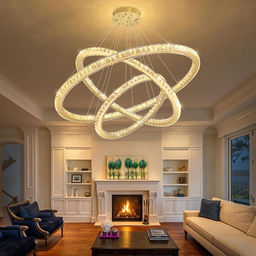 Modern Crystal Chandelier Dimmable LED Ceiling Light Fixture Luxury 3 Ring Stainless Steel Pendant Light for Living Room Dining Room Foyer Gold, 3-Ring 40"