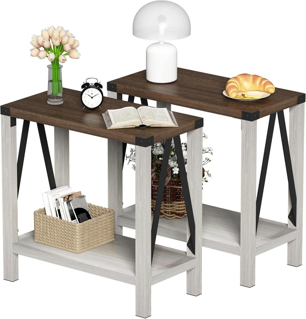 ChooChoo Farmhouse End Table Set of 2, Narrow Side End Table with Storage Shelf, Rustic A-Design Nightstand Sofa Table for Living Room, Bedroom(White&Brown)
