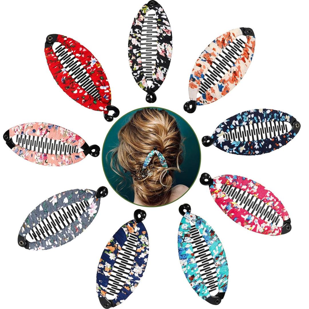 9 Pieces Banana Hair Clip Floral Clincher Hair Claws Bohemia Style Wrapped Cloth Banana Comb Clips Fish Shape Grips Clamp Accessories for Women Girls(4.3 x 2 Inch)