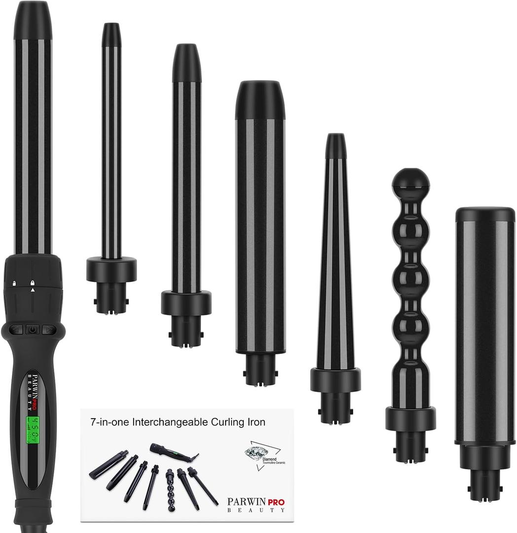 PARWIN PRO BEAUTY 7 in 1 Curling Iron Wand Set,Dual Voltage Curling Wand with 7 Interchangeable Diamond Ceramic Hair Curler Wands with LCD Temperature Control Auto Shut Off Black (Professional No Clamp)