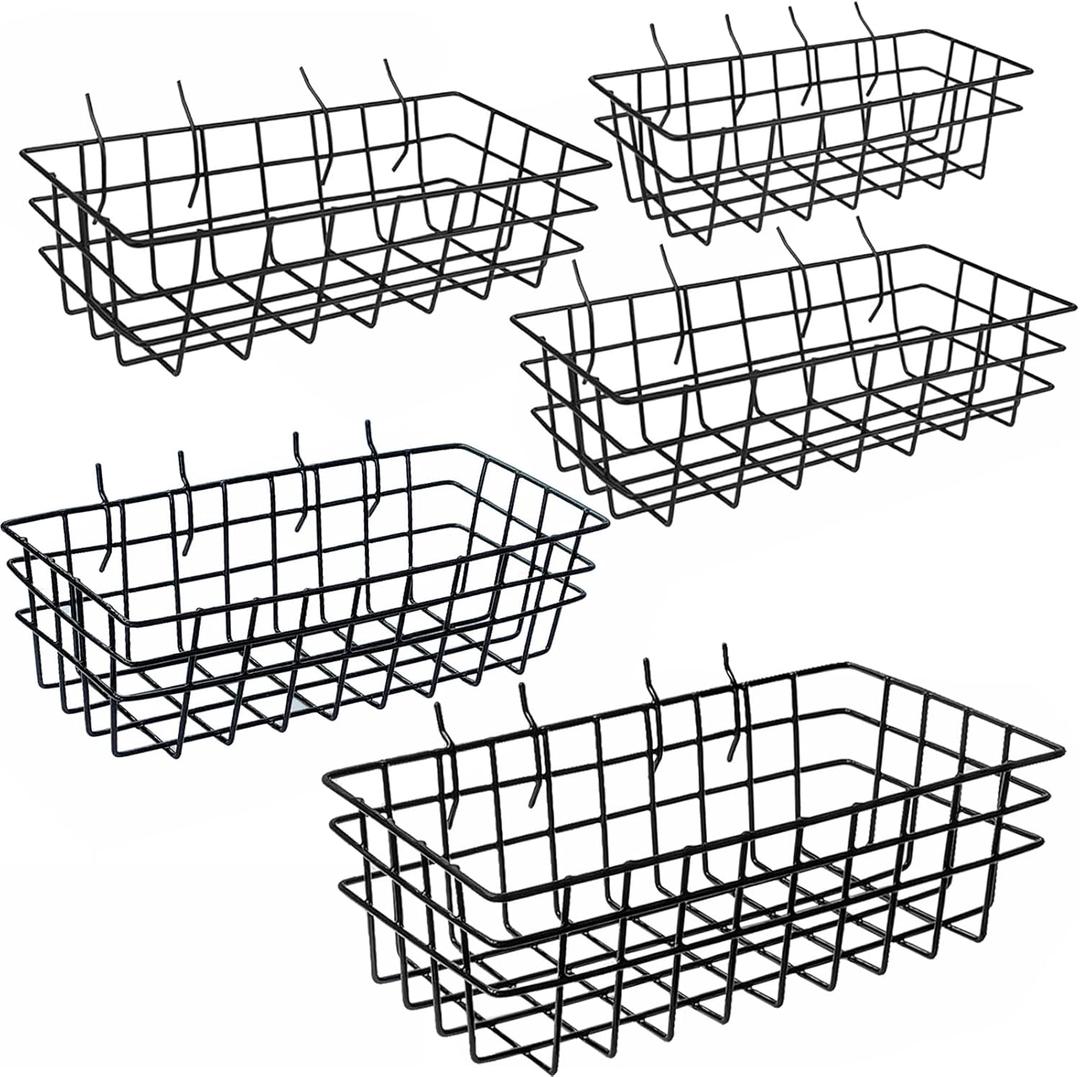 5-Piece Pegboard Baskets Set - Heavy Duty Peg Board Organizer Accessories Bin Set, Premium Black Metal Wire Baskets Tool Shelves, Wall Mount Storage for Garage Workshop Craft Room