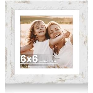 Hongkee 6x6 Picture Frame with Glass, Display Pictures 4x4 with Mat or 6 x 6 without Mat - Wall and Tabletop, 6 by 6 Photo Wooden Frames (Distressed White, 1 Pack)