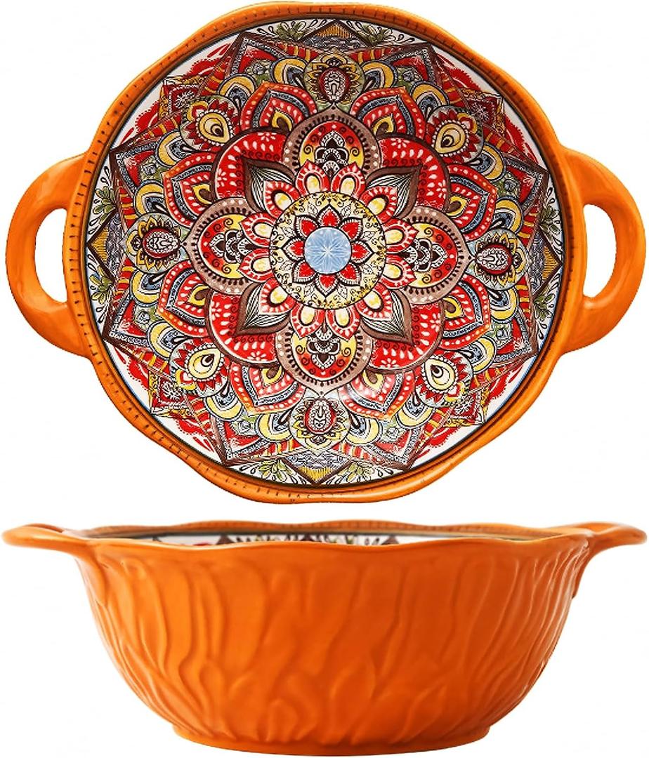 2 Pack Boho Ceramic Serving Bowls with Handles, 40 Oz Porcelain Salad Bowls, Large Serving Dishes for Entertaining, Mixing Bowls for Soup, Stew, Pasta, Cereal, Colorful Embossed Cute Bowls Set MLKS (Orange)