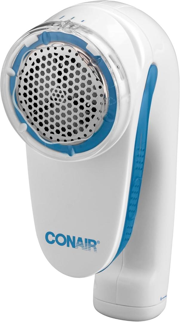 Conair Fabric Shaver and Lint Remover, Battery-Operated Portable Clothes Shaver with 3 Settings, Fuzz Remover for Sweaters, Clothing and Furniture, Large 2-Inch Shaving Head, White | Safely Removes Fuzz and Pilling with 3 Depth Settings for Sweaters and Upholstery, White/Blue, CLS1L