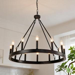 Black Wagon Wheel Chandelier 32 Inch, 12-Light Industrial Farmhouse Ceiling Light Fixture, Round Modern Rustic Chandelier for High Ceiling Living Room, Dining Room, Foyer, Entryway, Covered Porch