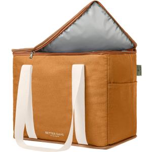 Reusable Insulated Grocery Bag - Leak Proof, X Large Insulated Cooler Bag - Insulated Shopping Bags for Groceries - Travel Cooler Bag for Frozen and Hot Food with Zippered Top (Caramel Cream)
