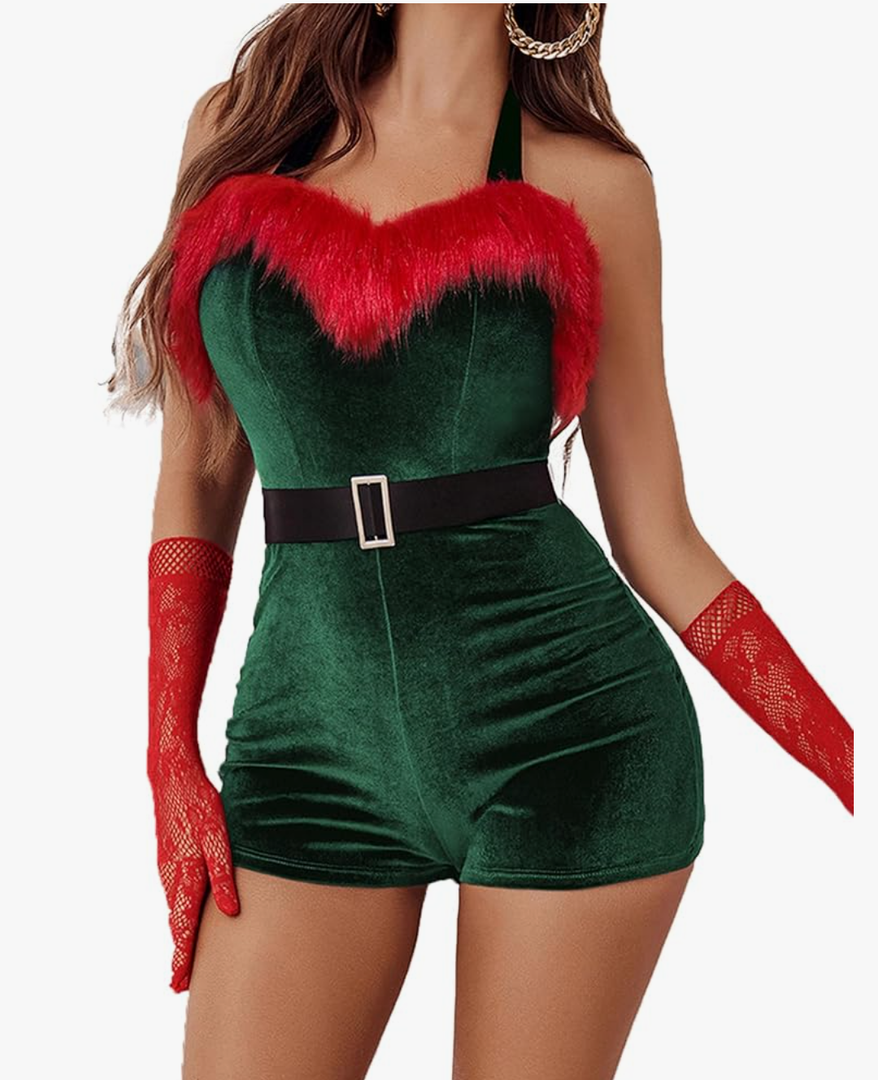 Avidlove Womens Sexy Santa Costume Velvet Romper Christmas Shorts Bodysuit Lingerie with Belt,XL