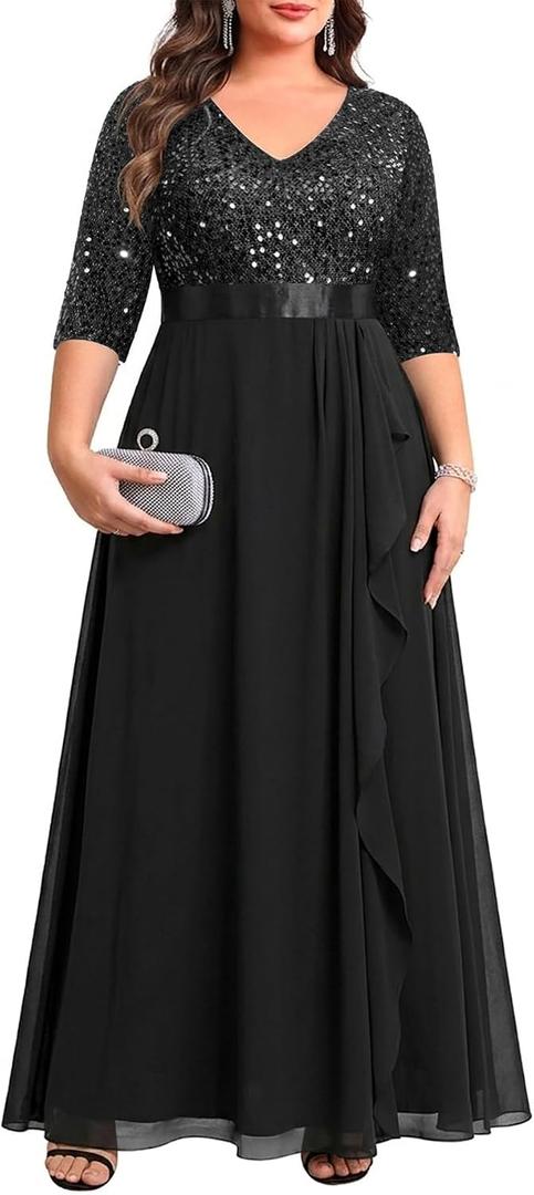 Talisea Plus Size Formal Dresses - V Neck 3/4 Sleeves Sequin Evening Gowns Prom Gala Wedding Guest Chiffon Long Maxi Dress (Black) 16 Plus 
