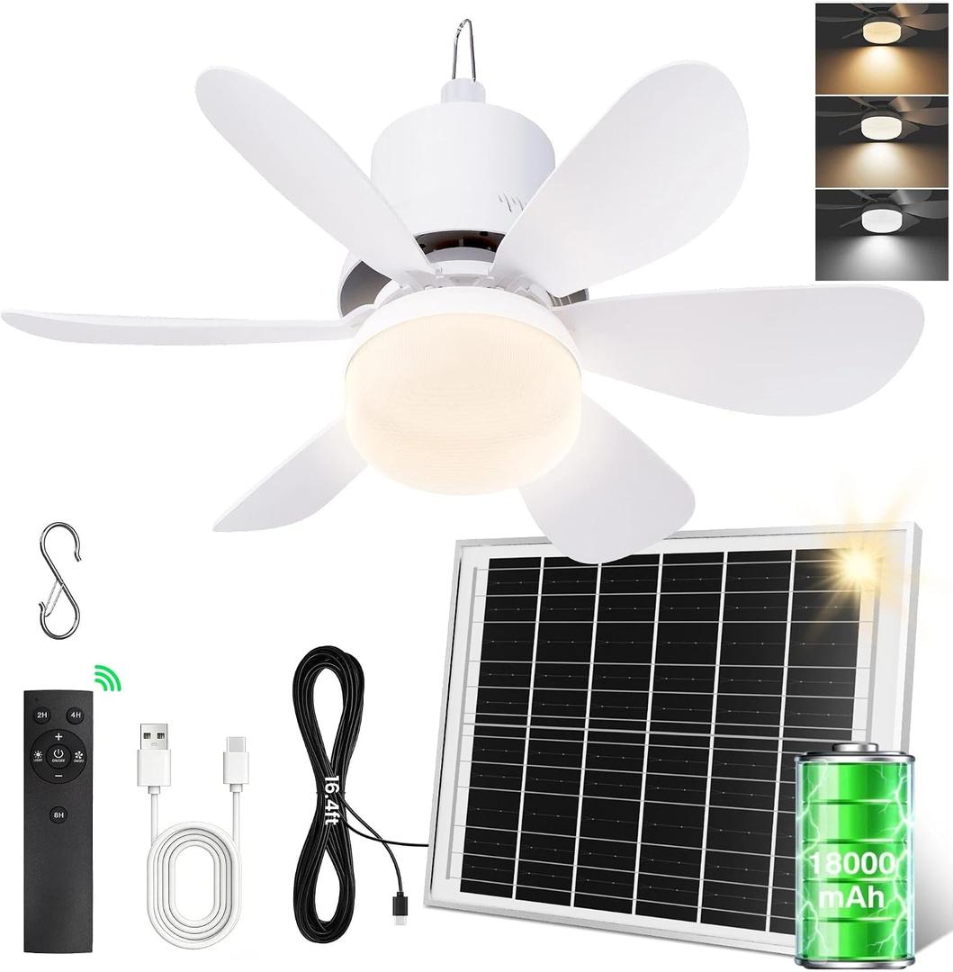 Solar Ceiling Fan with Light, 18000mAh Rechargeable Camping Fan with Remote, 450CFM Strong Airflow, 17.5'' Portable Outside Battery Powered Ceiling Fan for Gazebo, Canopy, Tent, RV, 12.1 x 5.2 x 8.5 inches
