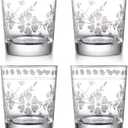 Joeyan Hand Blown Etched Drinking Glasses,Clear Water Glass Cups with Floral Pattern,Aesthetic Tumblers Glassware Set for Beverages Juice Cocktail Whiskey,9 oz,Set of 4,Dishwasher Safe