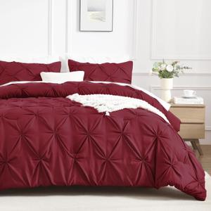 Andency Full Comforter Set Burgundy, 3 Pieces Pinch Pleat Bedding Comforters & Sets, Pintuck Lightweight Fluffy All Season Bed Set for Women Men Girls(79x90Inch)