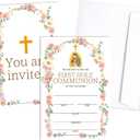 Baptism Invitations Cards With Envelopes, Greenery Floral First Holy Communion Decorations Supplies For Girl, Baptism Christening Cards, Religious Celebration Ceremony Invites, A Set Of 25 -04