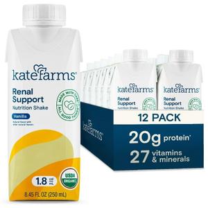 KATE FARMS Organic 1.8 Renal Support Shake, Vanilla, 20g Protein, 27 Vitamins and Minerals, Specialized Dialysis Nutrition Support, 8.45 oz (12 Pack) (EXP 03/29/27)