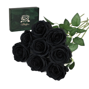 8PCS Artificial Silk Flowers Realistic Roses Bouquet Long Stem for Home Wedding Decoration Party (8PCS-Black)