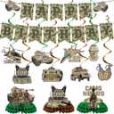 Army Birthday Party Decorations Include Camo Happy Birthday Banners Hanging Swirls Honeycomb Centerpieces Military Birthday Theme Party Supplies