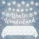 Winter Wonderland Decorations,Glitter Sliver Winter Wonderland Banner,Snowflakes Garland Hanging Ornaments with Snowflake Tablecloth for Home Christmas Frozen Party Supplies