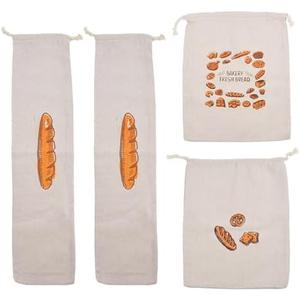 Pack of 2 gobyhumm 4 Pieces Linen Toast Reusable French Baguette Biscuit Bag Cotton Drawstring Bread Bag for Homemade Container（2 Baguettes+Bread+Letter bread）