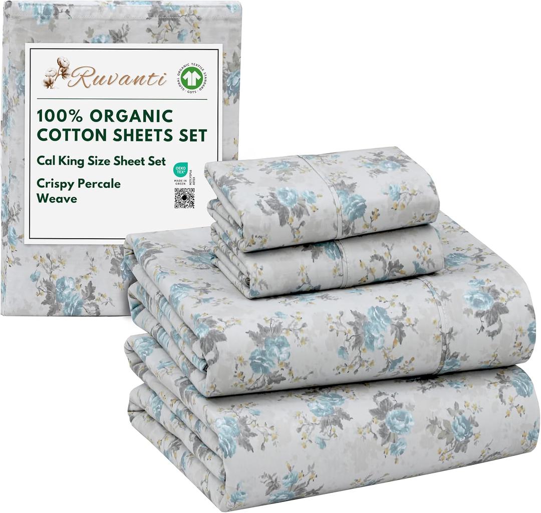 RUVANTI 100% Organic Cotton Sheets California King, Percale Weave, GOTS Certified, 4-Piece Set, Deep Pocket 13", Crisp & Breathable, Soft Durable Bedding, Sbanas Algodn Orgnico  Blue Rose