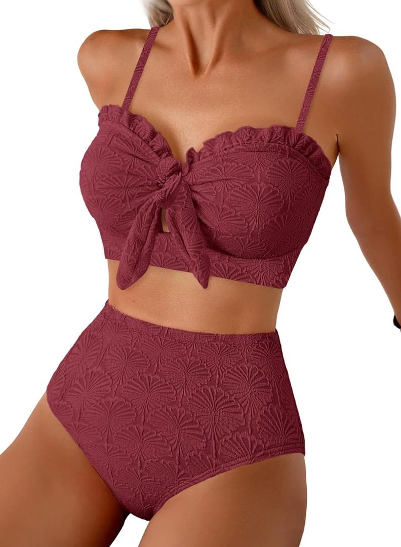 Herseas Women's Seashell Textured Bikini Sets Knotted Front 2 Piece Swimsuits Ruffle Trim Bathing Suits Large, Burgundy