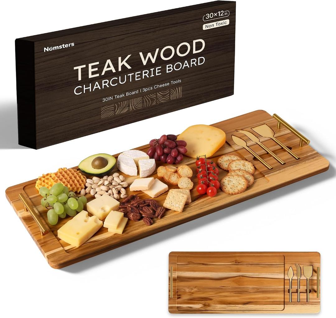 Teak 30 Inch Large Charcuterie Boards for Party with Cheese Knife Set of 3 with Handles Extra Long Wooden Serving Cheese Boards Charcuterie Boards Set