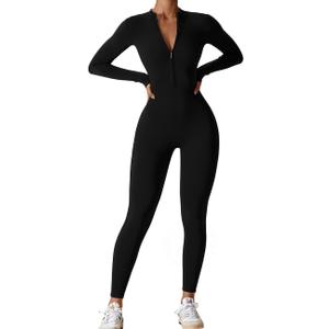AEEZO Womens Long Sleeve Workout Jumpsuit Zip Up Yoga Rompers Sexy Tummy Control One Piece Bodycon Bottom Pants (Small, #1 Black)