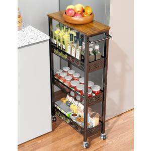 Utility Slim Storage Cart, 4 Tier Small Rolling Kitchen Laundry Room Cart with Wood Top, Metal Narrow Bathroom Storage Cabinet Mobile Shelf Unit Organizer Trolley with Handle for Narrow Space (7.1 inch wide, Black)