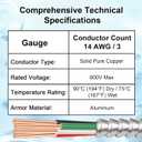 14/3 Metal Clad MC Cable 250FT, 14/3 Electrical Wire 3 Conductor Armored Wire with Ground, THHN Solid Copper & Flexible Aluminum Armor for Commercial and Residential Circuit