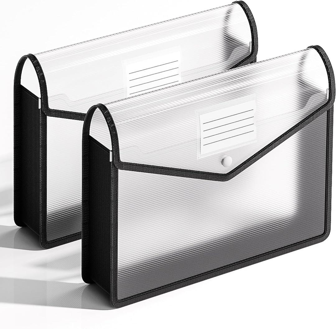 2 Pack Plastic Expanding File Folder, Transparent envelopes with Snap Closure, Fit Letter/A4 Size for School/Office/Home/Hospital, No Dividers, Large CapacityBlack