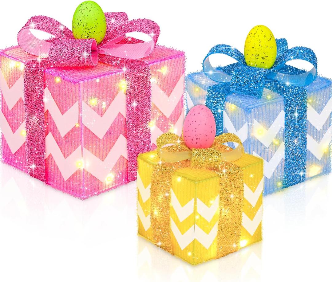 Timer & 8 Mode 3 Pack Easter Decorations, Pink Blue Yellow Easter Lighted Gift Boxes with Eggs Glitter Bow 60 LED Battery Operated Present Box, Easter Decor Spring Party Indoor Outdoor Home