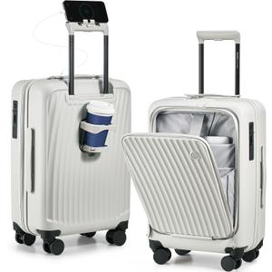 OIWAS Carry On Luggage with Cup Holder Top Opening Hardside Suitcase, White, 20 INCH