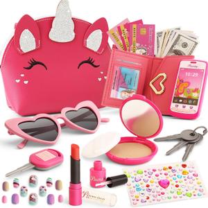 Little Girls Purse Set, Kids Play Purse with Pretend Makeup Accessories for Toddlers Girls Age 4-6 3-5 6-8, Princess Unicorn Toys for 2 3 4 5 6 Year Old Birthday Gifts