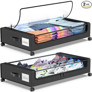 Under Bed Storage with Wheels, 2Pack Under Bed Storage Containers with Clear Lids, XXL 65L Under the bed storage Organizer Bins, Rolling Under Bed Metal Drawer for Clothes,Shoes,Toys (White, 2Pack)