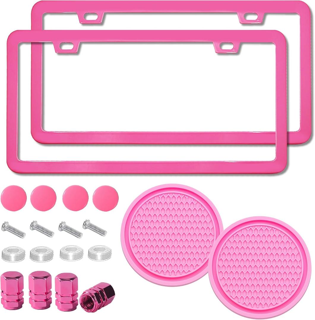 2 Pack License Plate Frame for Car Matte Metal Aluminum Rust-Proof License Plate Holder Cover Gloss Black Front Rear Number Tag Frame for Men Women Universal Fit (Pink)