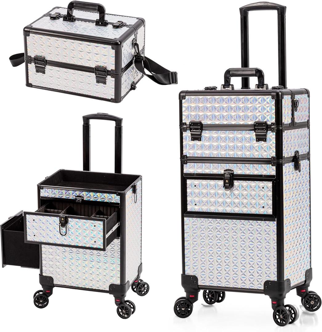 AROUS Rolling Makeup Train Case with Large Drawer, Multi-functional Cosmetic Trolley with 360 Swivel Wheels Keys, Large Storage Traveling Cart Trunk, Train Cases for Nail Technicians (3 IN 1, WHI&BLA)