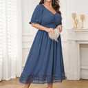 Plus Size Smocked Milkmaid Maxi Dress for Curvy Women Puff Sleeve Wedding Guest Summer Dresses Lace Trim (Blue, XL)