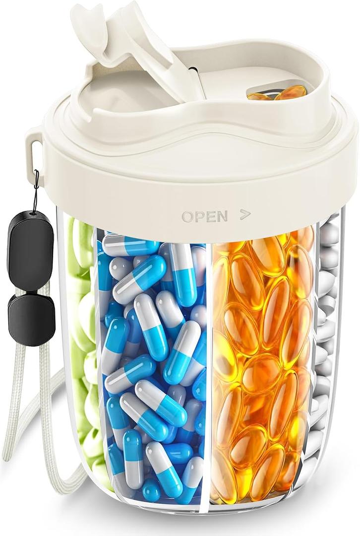 Pill Dispenser with 7 Large Compartments - Portable Pill Organizer for Travel, Anti-Mix Design & Wide Opening Design, Easy Access to Vitamin Dispenser, Includes 20 Blank Stickers (White)