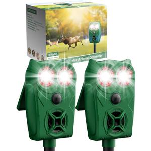 Solar Ultrasonic Animal Repellent with Motion Sensor - Waterproof Deer Repellent Device with LED Lights for Yard, Effective Against Deer, Coyotes, Raccoons & Cats (2, Green)