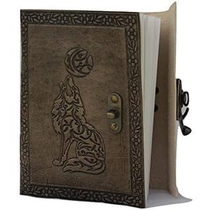 Handmade Leather Journal Wolf Embossed Charcoal Gray Gold Color Writing Notebook Diary Appointment Organizer Daily Planner Notepad Travel Handbook Diary Sketchbook 5 x 7 inches for Men and Women