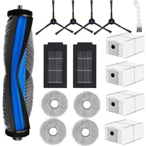 16 Pack Replacement Parts for Ecovacs Deebot T50 Pro/T50 Omni/T50 Pro Omni Vacuum Cleaner, 1 Main Brush, 2 Filters, 4 Wipes, 4 Side Brushes, 4 Dust Bags, 1 Cleaning Brush