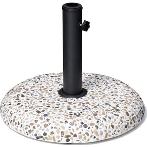45lbs Patio Umbrella Base, Outdoor Umbrella Stand, Concrete with Cobblestone Decor Heavy Duty Umbrella Holder Outdoor Base for Deck Poolside Yard (Cobblestone) (Round with Wheels)
