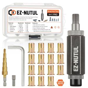 Rivet Nut Installation Tool Set Flat Head Rivnut Threaded Insert Nut Kit SAE & Metric for Metal Heavy Duty Zinc Plated Nutsert (3/8-16(Rivet Nut Tool-15pcs))