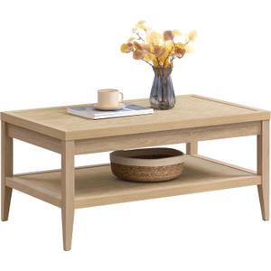 SICOTAS Rattan Coffee Table for Living Room - Boho Rectangular Dining Center Table with 2 -Tiers Rattan Storage Shelf, Farmhouse Accent Table for Living Room, Home Office, Light Oak, 1 Piece