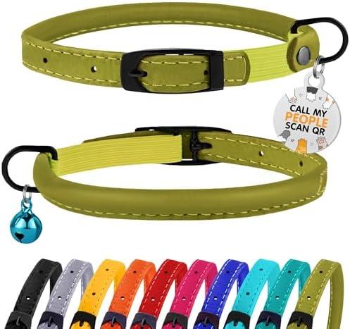 BRONZEDOG Cat Collar with Bell Kitten Rolled Leather Collars Safety QR ID Name Tag (Olive Green) BRONZEDOG Cat Collar with Bell Kitten Rolled Leather Collars Safety QR ID Name Tag (Olive Green)