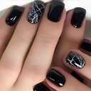 2 x Black Press-On Short Square Fake Nails With Design - Solid Color Stick-On Cracks False Full Cover Glue-On Reusable Glossy Acrylic for Women Girls Manicure - 24pcs