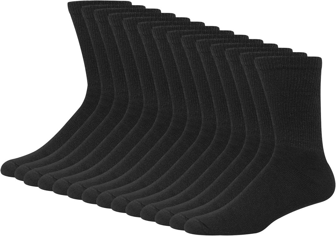 Hanes Men's Double Tough Socks, Crew and Ankle Moisturing Wicking Socks, Black & White, Multi-Packs (6-12, Black - 14 Pair)