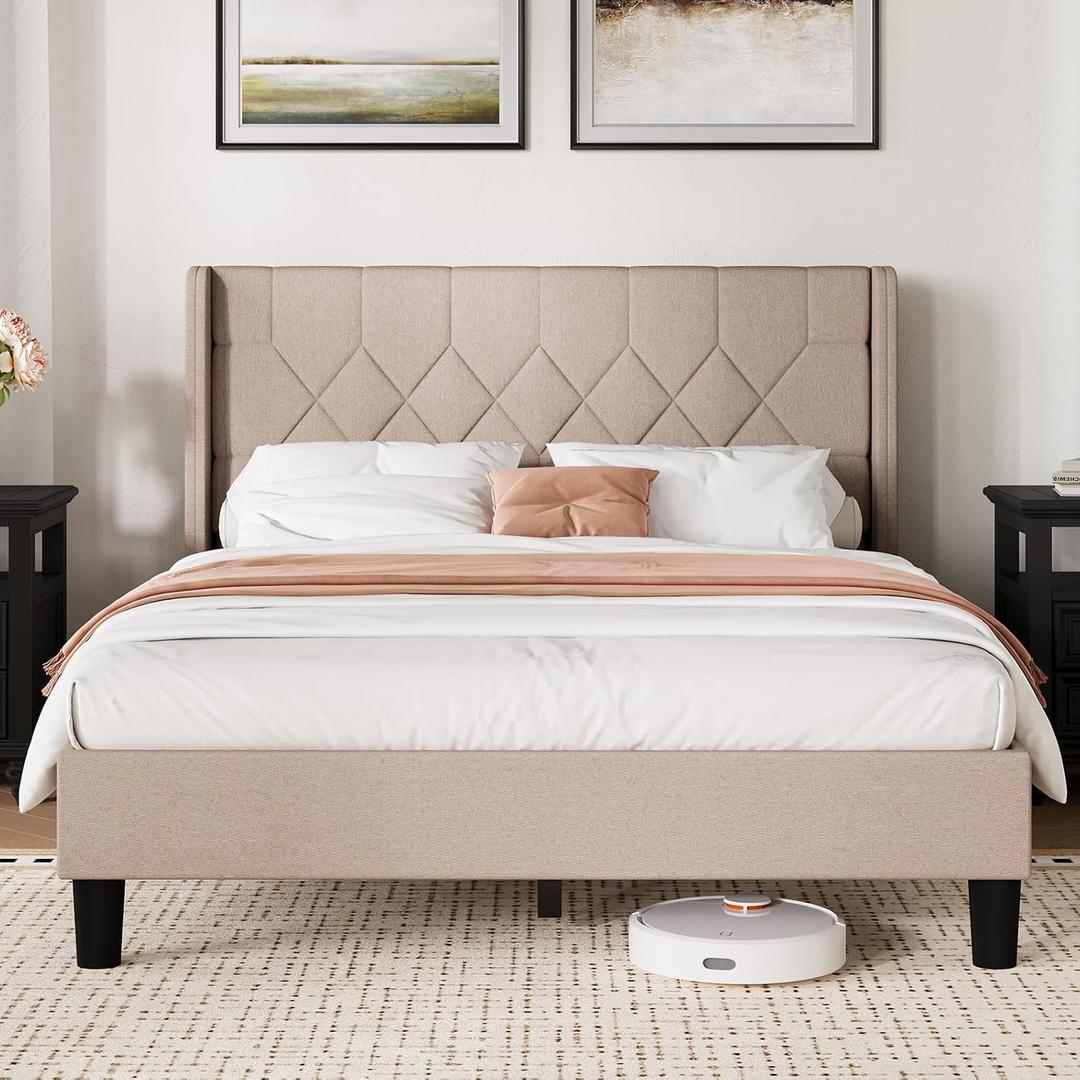 Novilla Queen Bed Frame with Headboard, Queen Size Bed Frame, Linen Upholstered Pull-Point Wing Side Headboard, No Box Spring Needed, Heavy Duty Feet, Easy Assembly, Beige