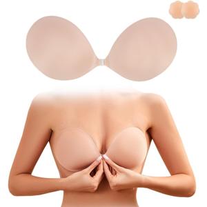 Sticky Bra Push Up Cloth Padded Add Cup Adhesive Bras Strapless Reusable Invisible for Women Backless Dress (D, Nude)