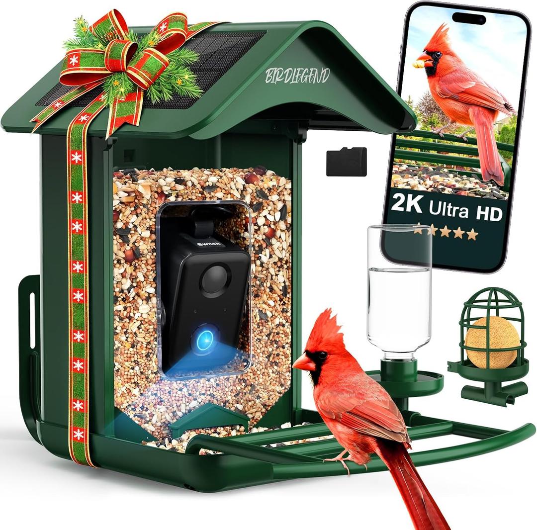 BIRDLEGEND Bird Feeder with Camera Solar Powered, 2K Portrait Live Free AI Forever Instant Arrival Alerts with 64GB Card, Smart Camera Birds Feeders Wireless Outdoor Gift for Bird Lover, 2.4G WiFi (Green)