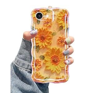 Jusy Compatible with iPhone 16e, Colorful Retro Oil Painting Printed Flower Laser Glossy Pattern Cute Curly Wave Phone Case Soft TPU Cover for Girly Women - Sunflower